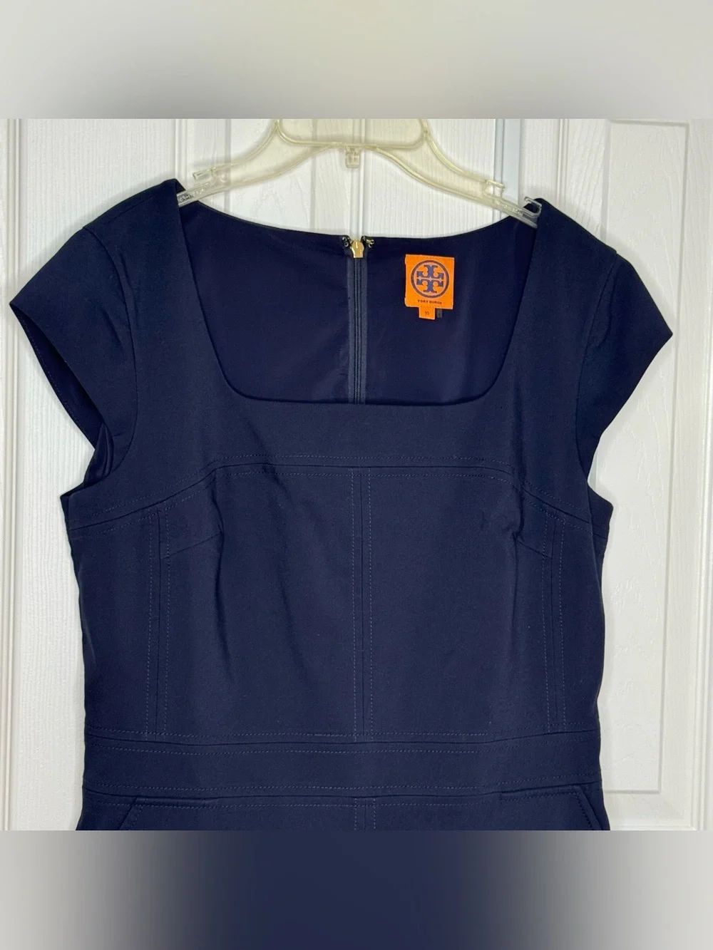 Tory Burch Short Sleeve Square Neck Blue Navy Cotton Sheath Dress Size 10